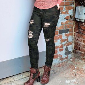 High Waist Distressed Camo Skinny Jeans